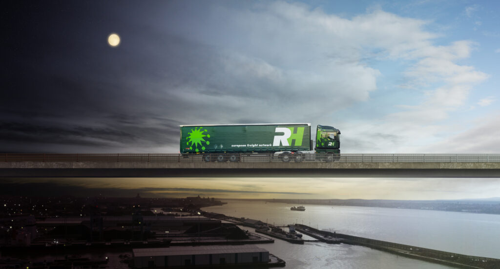 Truck with RH logo on bridge with moon night sky into Blue cloudy day sky- overnight.