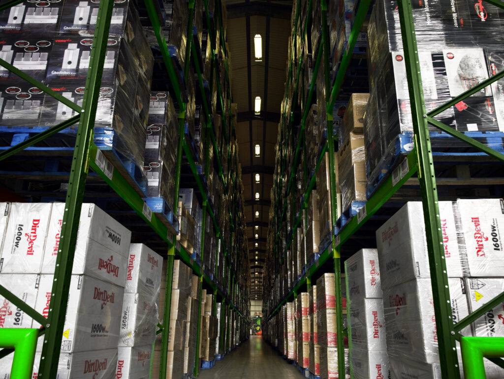 rows of storage racks in warehouse