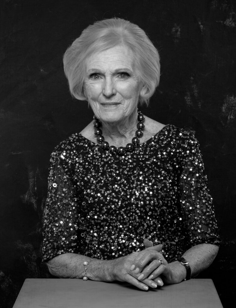 Mary Berry. Black and white portrait photograph.